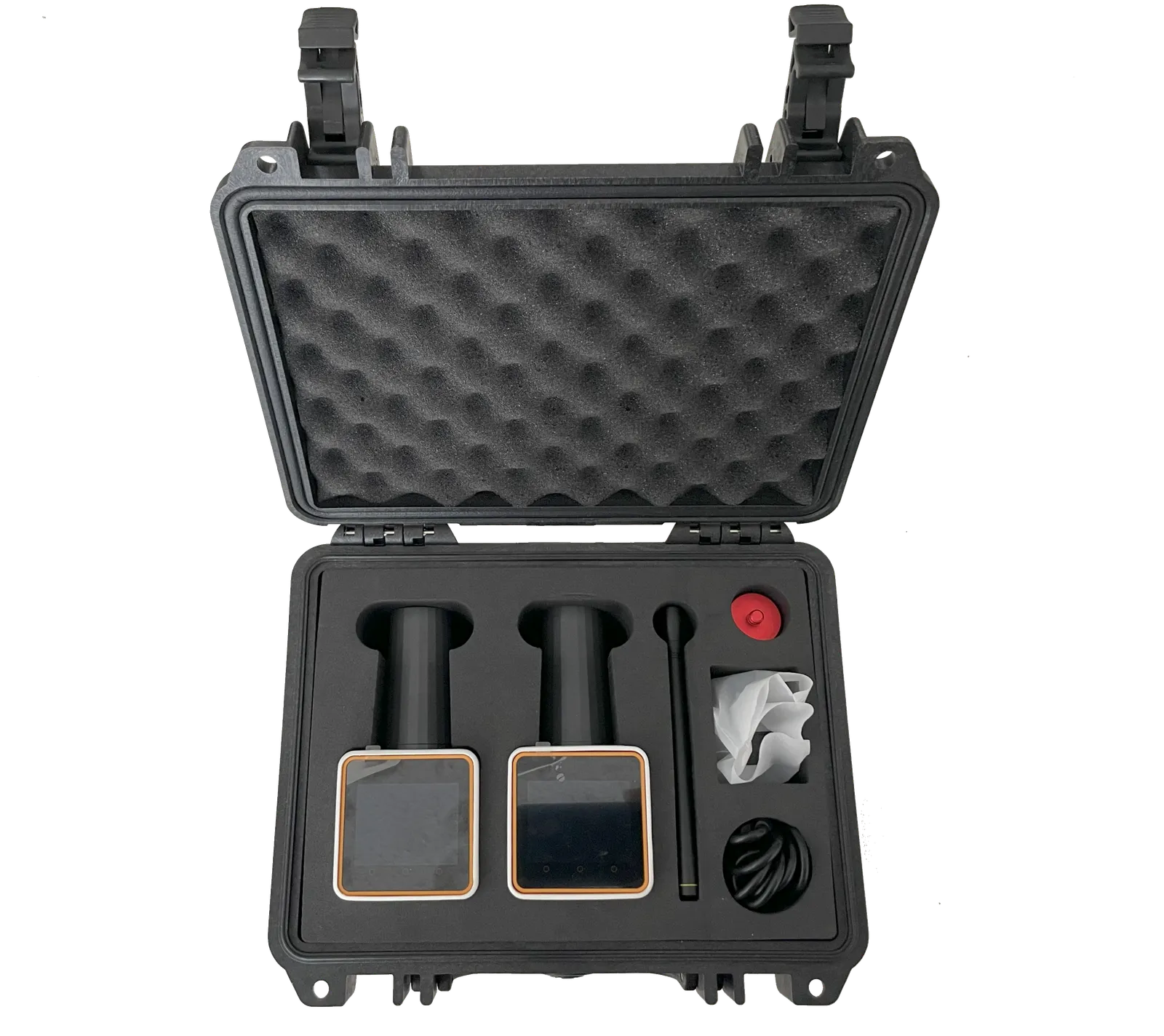 Pelican transport case holding two RoboDot Touch units and accessories