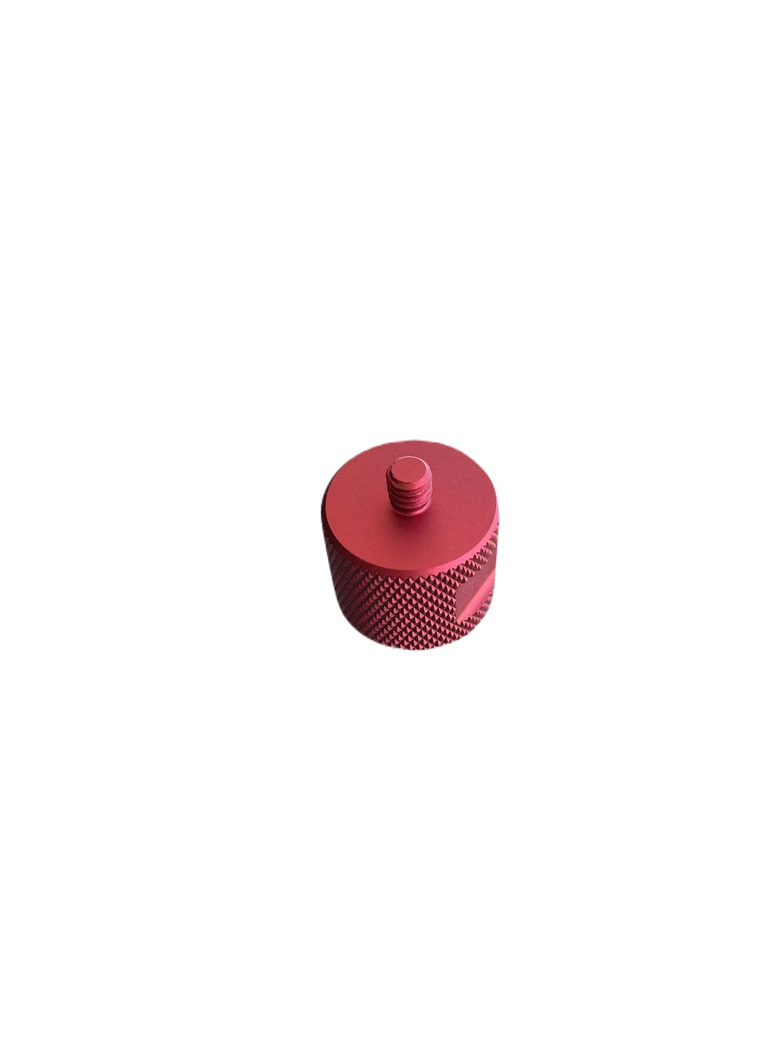 Red tripod converter screw adapting 5/8-11 poles to 1/4-20 devices