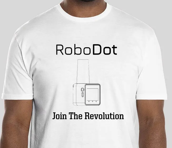 RoboDot Revolution t-shirt with RoboDot Touch line drawing