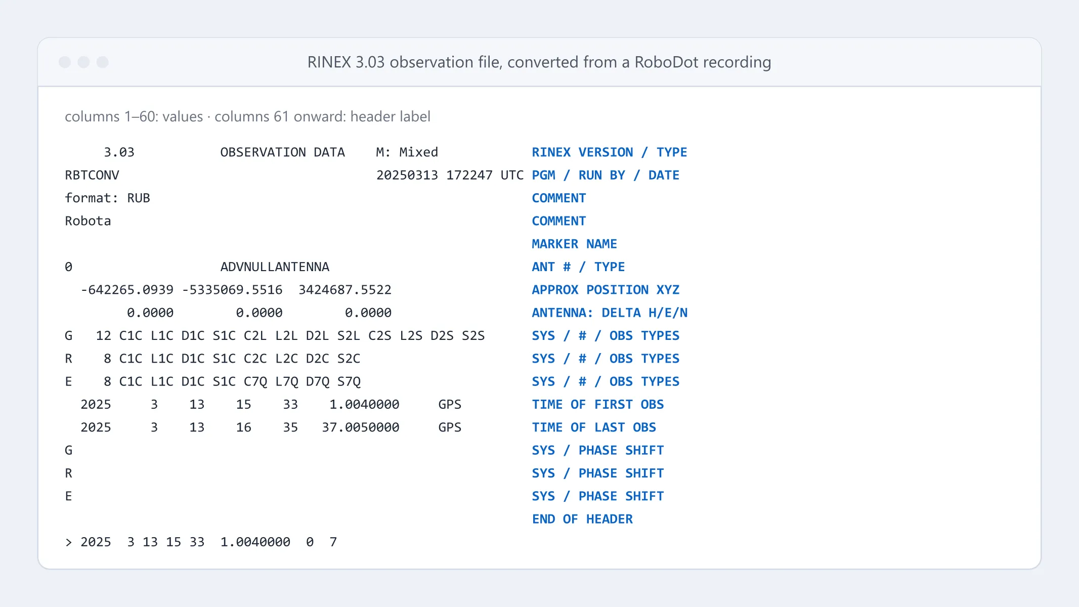 Header of a RINEX 3.03 observation file converted from a RoboDot recording, with the header labels highlighted in blue